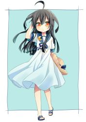 Rule 34 | 10s, 1girl, ahoge, alternate costume, arm behind back, arm behind head, barefoot, barefoot sandals (jewelry), black hair, blue background, chestnut mouth, commentary request, crescent, crescent pin, dress, eyebrows, full body, hat, hat ribbon, holding, holding clothes, holding hat, kantai collection, long hair, looking at viewer, mikazuki (kancolle), nagasioo, neck ribbon, parted lips, ribbon, sailor collar, sandals, short sleeves, solo, sun hat, sundress, two-tone background, unworn hat, unworn headwear, white background, white dress, yellow eyes