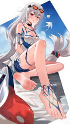 Rule 34 | 1girl, absurdres, arknights, barefoot, barefoot sandals (jewelry), blush, breasts, cleavage, eyewear on head, feet, hair between eyes, he c92, highres, long hair, looking at viewer, official alternate costume, parted lips, red eyes, short shorts, shorts, silver hair, sitting, skadi (arknights), skadi (waverider) (arknights), soles, solo, thigh strap, toes, very long hair