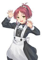 Rule 34 | 1girl, aisha greyrat, antenna hair, apron, ascot, black dress, claw pose, dress, fang, feet out of frame, flat chest, green eyes, hairband, highres, large ribbon, light blush, looking at viewer, maid, maid apron, mushoku tensei, open mouth, ponytail, red hair, ribbon, simple background, smile, solo, syagare, waist apron, waist ribbon, white apron, white ascot, white background, white ribbon