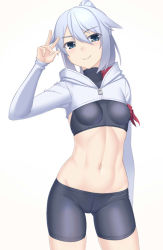 Rule 34 | 1girl, arm wrap, bike shorts, black sports bra, blue eyes, blush, breasts, closed mouth, commentary request, covered collarbone, cowboy shot, groin, hair between eyes, hair flaps, hand up, hood, hood down, hooded jacket, jacket, long hair, long sleeves, looking at viewer, midriff, myouan, navel, original, ponytail, shirakami itsuki, shrug (clothing), sidelocks, simple background, skindentation, sleeves past wrists, small breasts, smile, solo, sports bra, standing, toned, turtleneck, white background, white hair, white jacket, zipper pull tab