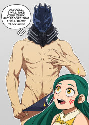 Rule 34 | 10s, 1boy, 1girl, all for one (boku no hero academia), blush, boku no hero academia, english text, heart, heart-shaped pupils, hetero, imminent penetration, mask, ragdoll (boku no hero academia), smile, symbol-shaped pupils, text focus, topless, underwear