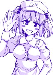Rule 34 | 1girl, :d, blouse, blush, blush stickers, breasts, cabbie hat, hair bobbles, hair ornament, hat, juliet sleeves, kawashiro nitori, key, long sleeves, monochrome, open mouth, puffy sleeves, purple theme, shirt, short hair, smile, solo, tanakara, touhou, two side up, waving