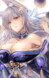 Rule 34 | 1girl, absurdres, animal ear fluff, animal ears, azur lane, blue butterfly, blue kimono, breasts, bug, butterfly, cleavage, fox ears, hair between eyes, hair ornament, highres, huge breasts, insect, japanese clothes, kimono, kitsune, long hair, looking at viewer, multiple tails, off shoulder, print kimono, purple eyes, shika (shika0), shinano (azur lane), silver hair, solo, tail, upper body, wide sleeves