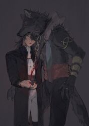 Rule 34 | 2boys, arm guards, armlet, ascot, black hair, black jacket, black nails, blood, chain, collar, cowboy shot, earrings, fangs, fingernails, furry, furry male, grey background, hair over one eye, hand on another&#039;s waist, hand up, head on another&#039;s shoulder, height difference, hood, hood down, hydrokinesis, infinity symbol, jacket, jewelry, looking ahead, looking at viewer, male focus, medium hair, multiple boys, multiple rings, nail polish, o-ring, one eye covered, original, profile, ring, sash, sharp fingernails, shirt, simple background, standing, water, white ascot, white shirt, wolf, yayayoshi