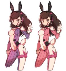 Rule 34 | 1girl, adapted costume, animal ear headphones, animal ears, anpolly, arm at side, blue bodysuit, bodysuit, breasts, brown eyes, brown hair, center opening, cleavage, cowboy shot, cropped legs, cuffs, d.va (overwatch), eyebrows, facepaint, facial mark, fake animal ears, headphones, headset, large breasts, long hair, looking at viewer, microphone, multiple views, overwatch, overwatch 1, pout, rabbit ear headphones, rabbit ears, rabbit tail, shoulder pads, simple background, skin tight, standing, tail, thigh strap, variations, waving, whisker markings, white background