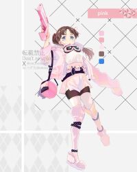 Rule 34 | 1girl, adapted costume, blue eyes, boots, brown hair, brown pantyhose, e.g.o (project moon), employee (project moon), full body, goggles, goggles around neck, gun, hair ribbon, handgun, highres, holding, holding weapon, lobotomy corporation, looking at viewer, open mouth, pantyhose, pink footwear, pink ribbon, pink skirt, project moon, ribbon, skirt, solo, sweater, thigh boots, thighhighs, two side up, weapon, white sweater, white thighhighs, yor hedera86