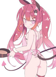 Rule 34 | + +, 1girl, aimani (vtuber), animal ears, apron, ass, blade (galaxist), blush, closed mouth, cowboy shot, demon tail, flat chest, from behind, frying pan, gradient hair, hair ornament, hand up, holding, holding frying pan, long hair, looking at viewer, looking back, mel mellow, multicolored hair, naked apron, orange hair, pink apron, pink hair, rabbit ears, red eyes, red hair, simple background, smile, solo, star (symbol), star hair ornament, streaked hair, tail, twintails, very long hair, virtual youtuber, white background, wristband