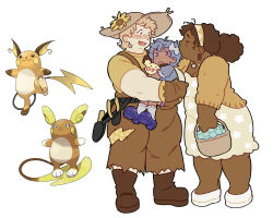 Rule 34 | 3girls, absurdres, alolan form, alolan raichu, basket, blonde hair, boots, breasts, brown dress, brown footwear, brown hair, brown headwear, brown overalls, cardigan, child, closed eyes, closed mouth, commentary, creatures (company), curly hair, dark-skinned female, dark skin, dress, earrings, english commentary, family, fat, flower, freckles, full body, game freak, gen 1 pokemon, gen 2 pokemon, gen 7 pokemon, grey hair, hat, hat flower, highres, holding, holding basket, humanization, jewelry, long hair, magicact, mother and daughter, multiple girls, nintendo, open mouth, overalls, pichu, pokemon, pokemon (creature), print dress, purple eyes, purple footwear, raichu, reference inset, shirt, shoes, short hair, short sleeves, simple background, small breasts, smile, standing, sun hat, white background, wife and wife, yellow cardigan, yellow shirt