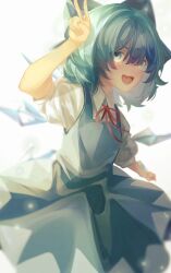 Rule 34 | 1girl, :d, blue bow, blue dress, blue hair, bow, cirno, collared shirt, commentary, detached wings, dress, green eyes, hair bow, highres, ice, ice wings, looking at viewer, mirawi, open mouth, shirt, short hair, short sleeves, simple background, smile, solo, touhou, v, white background, white shirt, wings