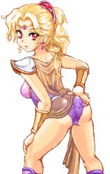 Rule 34 | 1990s (style), 1girl, ass, blonde hair, breasts, cape, earrings, female focus, final fantasy, final fantasy iv, jewelry, long hair, looking back, namaenazo, ponytail, red eyes, retro artstyle, rosa farrell, shoulder pads, simple background, solo, tiara, white background, wristband