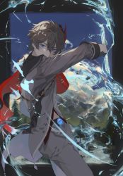 Rule 34 | 1boy, blue eyes, genshin impact, grey jacket, grey pants, hair between eyes, highres, holding, holding weapon, jacket, looking at viewer, male focus, mask, mask on head, pants, pcrxle, red scarf, scarf, solo, tartaglia (genshin impact), vision (genshin impact), water, weapon