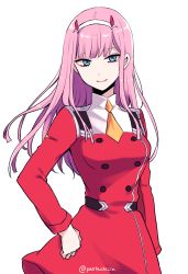 Rule 34 | 10s, 1girl, blue eyes, darling in the franxx, dress, floating hair, hairband, highres, horns, long hair, looking at viewer, necktie, pastachiiiiin, pink hair, red dress, short necktie, simple background, smile, solo, standing, uniform, white background, white hairband, yellow necktie, zero two (darling in the franxx)