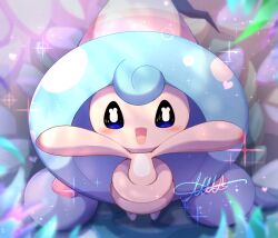 Rule 34 | :d, arms up, artist name, black eyes, blue eyes, blue hair, blurry, blurry background, blush, bright pupils, commentary request, creatures (company), game freak, gen 8 pokemon, hattrem, heart, highres, long hair, looking at viewer, moxa ryu, multicolored eyes, nintendo, no humans, open mouth, outstretched arms, pokemon, pokemon (creature), signature, smile, solo, sparkle, standing, white pupils