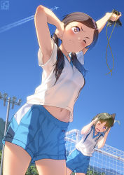Rule 34 | 2girls, ;(, armpits, arms up, artist logo, artist name, blue shorts, blue sky, blush, bra, bra visible through clothes, breasts, brown eyes, brown hair, clipboard, closed mouth, commentary request, contrail, covering own ears, day, from below, goal, green hair, gun, gym uniform, highres, holding, holding gun, holding weapon, long hair, low twintails, midriff peek, multiple girls, navel, original, outdoors, pairan, pen, plant, purple eyes, shirt, short sleeves, shorts, sky, small breasts, starting pistol, twintails, underwear, weapon, white bra, white shirt