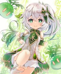 Rule 34 | 1girl, bare shoulders, blush, closed mouth, commentary request, cross-shaped pupils, dress, female focus, genshin impact, gradient hair, green eyes, green hair, grey hair, hair between eyes, hair ornament, hands up, long hair, minakami rinka, multicolored hair, nahida (genshin impact), no shoes, outdoors, short shorts, shorts, shorts under dress, side ponytail, sleeveless, sleeveless dress, slime (creature), slime (genshin impact), smile, socks, soles, solo focus, standing, standing on one leg, streaked hair, symbol-shaped pupils, toeless legwear, very long hair, white dress, white shorts, white socks