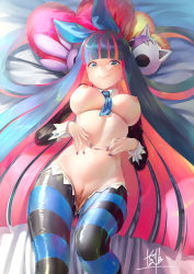 Rule 34 | 1girl, absurdres, bar censor, bed sheet, between breasts, blue hair, blue necktie, blunt bangs, breasts, censored, cleft of venus, closed mouth, collar, colored inner hair, commentary request, commission, green eyes, hair spread out, hands on own stomach, heart, heart-shaped pillow, highres, honekoneko (psg), kawarage, large breasts, long hair, long sleeves, looking at viewer, lying, meme attire, multicolored hair, nail polish, navel, necktie, necktie between breasts, nipples, on back, on bed, panty &amp; stocking with garterbelt, pantyhose, pillow, purple nails, pussy, red hair, reverse bunnysuit, reverse outfit, signature, skeb commission, solo, spread navel, stocking (psg), stomach, striped clothes, striped pantyhose, uncensored, very long hair, white collar