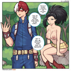 Rule 34 | 1boy, 1girl, black hair, blue eyes, boku no hero academia, breasts, english text, forest, gauntlets, large breasts, nature, nipples, nude, outdoors, red footwear, red hair, redjet, speech bubble, todoroki shouto, white hair, yaoyorozu momo