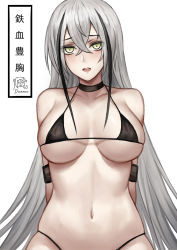 Rule 34 | 1girl, arm strap, arms behind back, bad id, bad pixiv id, bare shoulders, bikini, black bikini, black hair, blush, breasts, breasts apart, collarbone, commentary request, destroyer (girls&#039; frontline), gaia (girls&#039; frontline), girls&#039; frontline, hair between eyes, highres, large breasts, long hair, looking at viewer, micro bikini, mixed-language commentary, multicolored hair, navel, open mouth, pale skin, selcky, silver hair, solo, stomach, straight hair, streaked hair, swimsuit, translation request, two-tone hair, underboob, upper body, very long hair, yellow eyes