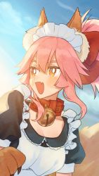 Rule 34 | 1girl, alternate costume, animal ear fluff, animal ears, animal hands, apron, bell, blush, breasts, cat paws, cleavage, collar, collarbone, commentary request, enmaided, fang, fate/grand order, fate (series), fox ears, fox girl, fox tail, gloves, hair ribbon, highres, jingle bell, kumonon (8f2k3), large breasts, long hair, looking away, looking to the side, maid, maid apron, maid headdress, neck bell, open mouth, outdoors, paw gloves, pink hair, ponytail, red ribbon, ribbon, skin fang, solo, tail, tamamo (fate), tamamo cat (fate), tamamo cat (second ascension) (fate), yellow eyes