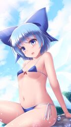 Rule 34 | 1girl, arm support, bikini, blue bow, blue eyes, blue hair, blue sky, bow, breasts, cirno, cloud, day, hair bow, highres, ice, ice wings, lzh, micro bikini, open mouth, petite, sitting, sky, small breasts, solo, swimsuit, touhou, wings