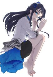 Rule 34 | 1girl, absurdres, barefoot, black skirt, blue bow, blue eyes, blue hair, blue ribbon, blush, bow, closed mouth, crossed ankles, dorsiflexion, epitaph (1122), eyelashes, feet, from above, full body, hair bow, hair ornament, hands up, highres, idolmaster, idolmaster million live!, idolmaster million live! theater days, jacket, knees up, legs, long hair, long sleeves, looking at viewer, lying, miniskirt, mogami shizuka, nail polish, on side, ribbon, sidelocks, simple background, skirt, solo, thighs, toenails, toes, white background, white jacket, white nails