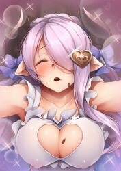 Rule 34 | apron, breasts, chocolate, cleavage cutout, closed eyes, clothing cutout, collarbone, covered erect nipples, draph, granblue fantasy, heart cutout, horns, imminent kiss, kanopan, large breasts, long bangs, naked apron, narmaya (granblue fantasy), parted bangs, pointy ears, pov, reaching, reaching towards viewer, sparkle, valentine, white apron