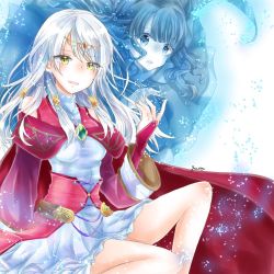 Rule 34 | &gt;:), 2girls, :o, artist name, bare shoulders, breasts, bridal gauntlets, cape, circlet, curly hair, dress, fire emblem, fire emblem: radiant dawn, hair ornament, half updo, head tilt, long hair, long sleeves, looking at viewer, medium breasts, micaiah (fire emblem), multiple girls, nintendo, open mouth, red cape, silver hair, sitting, sleeveless, sleeveless dress, smile, standing, thighs, transparent background, wide sleeves, yellow eyes, yune (fire emblem), yuyu (spika)