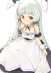 Rule 34 | 1girl, alternate costume, ark kan, bare shoulders, enmaided, hair ribbon, kantai collection, long hair, looking at viewer, maid, murakumo (kancolle), orange eyes, ribbon, simple background, skirt hold, solo, tress ribbon, white background, wrist cuffs