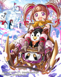 Rule 34 | 1girl, :d, bad id, bad pixiv id, bear, bird, brown gloves, brown hair, company name, copyright name, detached sleeves, gloves, hairband, igloo, looking at viewer, official art, open mouth, original, penguin, polar bear, popqn, purple eyes, riding, smile, snow, snow shelter, snowball, solo, tenkuu no crystalia, twintails, watermark, web address