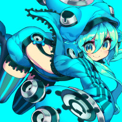 Rule 34 | 1girl, album cover, ass, black thighhighs, blue background, blue eyes, blue hair, blue hat, blue jacket, blue shorts, blue theme, closed mouth, cover, eyebrows, eyelashes, hair between eyes, hat, headphones, itsumo nokoru, jacket, legs apart, long hair, long sleeves, looking at viewer, multicolored eyes, open clothes, open jacket, original, puffy shorts, shorts, simple background, smile, solo, striped clothes, striped thighhighs, suspenders, thighhighs, unzipped, v-shaped eyebrows, vertical-striped clothes, vertical-striped thighhighs, yellow eyes, zettai ryouiki