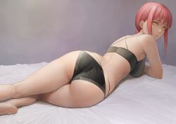 Rule 34 | 1girl, ano (gccx8784), ass, back, bare shoulders, barefoot, bed sheet, black bra, black panties, bra, breasts, chainsaw man, closed mouth, from behind, gradient background, grey background, highres, kneepits, large breasts, long hair, looking at viewer, looking back, lying, makima (chainsaw man), on bed, on stomach, panties, pink hair, ringed eyes, smile, solo, underwear, underwear only, yellow eyes