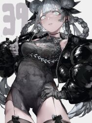 Rule 34 | 1girl, absurdres, alternate costume, alternate eye color, alternate hair color, alternate hairstyle, black jacket, braid, china dress, chinese clothes, commentary, cowboy shot, dress, gaku, gloves, grey background, grey dress, grey eyes, grey hair, grey thighhighs, hand on own hip, hatsune miku, highres, jacket, looking at viewer, parted lips, simple background, solo, symbol-only commentary, thighhighs, vocaloid