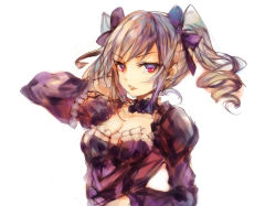Rule 34 | 10s, 1girl, breasts, cleavage, collarbone, dress, drill hair, frown, gothic lolita, hair ribbon, idolmaster, idolmaster cinderella girls, kanzaki ranko, light smile, lolita fashion, long hair, long sleeves, looking at viewer, mi bait, parted lips, red eyes, ribbon, silver hair, simple background, sketch, solo, twin drills, twintails, upper body, white background