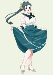 Rule 34 | 1girl, alternate costume, antenna hair, bad id, bad twitter id, blouse, brown eyes, full body, green hair, green ribbon, green skirt, grey background, grey footwear, hair ribbon, high heels, highres, holding, holding clothes, holding skirt, irako (kancolle), kantai collection, long hair, long skirt, looking at viewer, ojipon, open mouth, ponytail, pumps, ribbon, shirt, simple background, skirt, solo, standing, white shirt