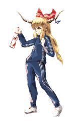 Rule 34 | 1girl, adidas, alcohol, alternate costume, blonde hair, blue jacket, blue pants, bottle, bow, closed mouth, commentary, english commentary, gopnik, hair bow, highres, holding, holding bottle, horns, ibuki suika, jacket, long hair, looking afar, low-tied long hair, ougibro (spookybro), pants, red bow, shoes, simple background, sneakers, solo, touhou, track suit, vodka, white background, white footwear