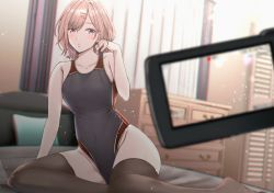 Rule 34 | 1girl, aga marino, bedroom, black one-piece swimsuit, black thighhighs, blurry, brown hair, camcorder, collarbone, commentary request, competition swimsuit, curtains, depth of field, drawer, flat chest, full body, hair ornament, hairclip, higuchi madoka, idolmaster, idolmaster shiny colors, indoors, looking at viewer, mole, mole under eye, one-piece swimsuit, purple eyes, short hair, sitting, solo, swimsuit, thighhighs, video camera, yokozuwari