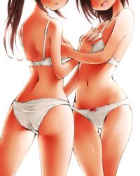 Rule 34 | 2girls, :d, :o, ass, bow, bow panties, bra, brown hair, dr rex, from behind, groin, head out of frame, incest, kissxsis, lingerie, long hair, multiple girls, navel, open mouth, panties, ponytail, siblings, simple background, sisters, smile, suminoe ako, suminoe riko, thigh gap, twincest, twins, underwear, underwear only, white background, white bra, white panties, yuri