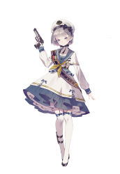Rule 34 | 1girl, absurdres, badao zhu ge, beret, black bow, bow, choker, closed mouth, collarbone, dress, full body, garter straps, gun, handgun, hat, hat bow, highres, holding, holding gun, holding weapon, holster, long sleeves, looking at viewer, medium hair, original, petticoat, pistol, purple eyes, sailor collar, shoes, short hair, silver hair, simple background, solo, standing, striped, thighhighs, weapon, white background, white dress, white hat, white thighhighs