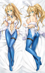 Rule 34 | 1girl, animal ears, artoria pendragon (all), artoria pendragon (fate), artoria pendragon (lancer) (fate), artoria pendragon (swimsuit ruler) (fate), ass, bare shoulders, blonde hair, blue pantyhose, breasts, cleavage, covering privates, covering one breast, dakimakura (medium), detached collar, fake animal ears, fate/grand order, fate (series), fishnets, full body, green eyes, hair between eyes, highres, koyuki (kotatsu358), large breasts, leotard, leotard pull, long hair, looking at viewer, multiple views, necktie, no shoes, pantyhose, parted lips, playboy bunny, ponytail, rabbit ears, sidelocks, skindentation, thigh strap, white leotard, wrist cuffs