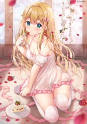 Rule 34 | 1girl, bare shoulders, blonde hair, blush, bow, breasts, cake, cleavage, collarbone, dessert, dress, eating, flower, food, fork, frilled dress, frills, fruit, full body, green eyes, hair bow, highres, holding, holding fork, inagaki minami, indoors, kneeling, long hair, looking at viewer, medium breasts, off shoulder, original, parted lips, petals, pink bow, pink ribbon, ribbon, rose, short sleeves, solo, sousouman, strawberry, thighhighs, tile floor, tiles, white dress, white thighhighs