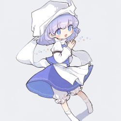 Rule 34 | 1girl, aged down, apron, artist name, bloomers, blue eyes, blue shirt, commentary request, diamond (shape), eyes visible through hair, grey background, hat, highres, letty whiterock, long sleeves, m (m073111), open mouth, palms together, shirt, short hair, skirt, sleeve garter, socks, solo, touhou, turtleneck, twitter username, underwear, waist apron