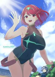 1boy 1girl absurdres artist_name breasts highres karian909 looking_at_viewer poppi_(xenoblade) poppi_alpha_(swim_lesson)_(xenoblade) poppi_alpha_(xenoblade) pyra_(pro_swimmer)_(xenoblade) pyra_(xenoblade) red_eyes red_hair short_hair smile tiara xenoblade_chronicles_(series) xenoblade_chronicles_2