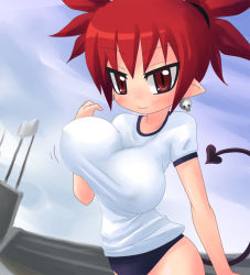 Rule 34 | 1girl, alexi (tits!), alternate breast size, bouncing breasts, breasts, buruma, demon girl, demon tail, disgaea, etna (disgaea), gym uniform, large breasts, pointy ears, red hair, solo, tail, unaligned breasts