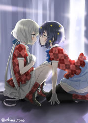 Rule 34 | 2girls, argyle clothes, argyle footwear, black legwear, blue skirt, boots, commentary request, flower, gloves, grey hair, hair flower, hair ornament, hand on another&#039;s leg, idol, kneeling, konno junko, long hair, looking at another, low twintails, mizuno ai, multiple girls, ooshima tomo, pleated skirt, red footwear, red shirt, shirt, short hair, signature, sitting, skirt, thighhighs, twintails, twitter username, very long hair, white gloves, white skirt, yuri, zombie land saga