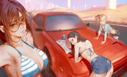 Rule 34 | 3girls, bare shoulders, bent over, bikini, bikini top only, black hair, black shorts, blue bikini, blue shirt, blue shorts, breasts, brown eyes, brown hair, car, cleavage, closed eyes, crop top, day, denim, denim shorts, image sample, leaning forward, long hair, looking at viewer, looking back, medium breasts, midriff, motor vehicle, multiple girls, original, outdoors, paper, parted lips, road, selfie, shirt, short sleeves, shorts, side ponytail, sideboob, smile, standing, string bikini, striped bikini, striped bikini top, striped clothes, swimsuit, timbougami, upper body, v, vehicle focus, windmill