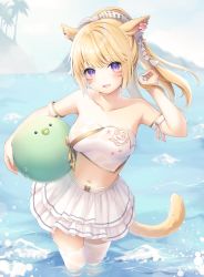 Rule 34 | 1girl, animal ears, arm strap, arm up, warrior of light (ff14), ball, bandeau, bare shoulders, bikini, blonde hair, breasts, cat ears, cat girl, cat tail, collarbone, day, facial mark, fang, final fantasy, final fantasy xiv, gold trim, highres, holding, kanora, layered skirt, long hair, looking at viewer, medium breasts, midriff, miniskirt, miqo&#039;te, navel, open mouth, outdoors, ponytail, purple eyes, skirt, smile, solo, stomach, strapless, strapless bikini, sunlight, swimsuit, symbol-shaped pupils, tail, thighhighs, tube top, wading, water, wet legwear, whisker markings, white skirt, white thighhighs, zettai ryouiki