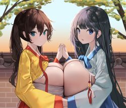 Rule 34 | 2girls, absurdres, bbolalus, black hair, blue eyes, breast press, breasts, breasts out, brown hair, cleavage, copyright request, from side, hair between eyes, highres, holding hands, huge breasts, huge filesize, interlocked fingers, korean clothes, korean commentary, long hair, long sleeves, looking at viewer, multiple girls, original, outdoors, smile, symmetrical docking, twintails, upper body, wide sleeves