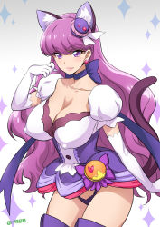 Rule 34 | 10s, 1girl, animal ears, artist name, breasts, cat ears, cat tail, choker, commentary request, cowboy shot, cure macaron, earrings, elbow gloves, covered erect nipples, extra ears, food-themed hair ornament, gloves, hair ornament, jewelry, joy ride, kirakira precure a la mode, kotozume yukari, large breasts, long hair, looking at viewer, magical girl, miniskirt, panties, precure, purple eyes, purple hair, purple panties, signature, skirt, smile, solo, tail, thong, underwear, white gloves