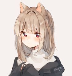 Rule 34 | 1girl, animal ear fluff, blonde hair, blush, heripiro, highres, looking down, medium hair, monochrome background, original, pout, red eyes, signature, simple background, solo