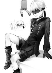 Rule 34 | 1boy, :3, puff of air, blindfold, blush, boots, choker, closed mouth, commentary request, gloves, greyscale, highres, jacket, kneehighs, long sleeves, male focus, monochrome, multiple views, nier:automata, nier (series), nuntarou (niudon kajika), open mouth, pod (nier:automata), shorts, simple background, sitting, socks, sparkle, translation request, 9s (nier:automata)